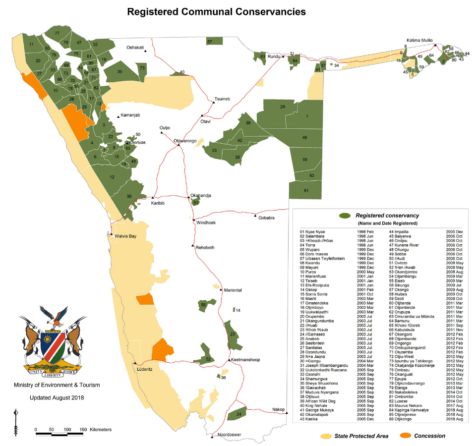 Государственные охраняемые территории и общинные заповедники (conservancies) в Намибии. Источник: nacso.org.na